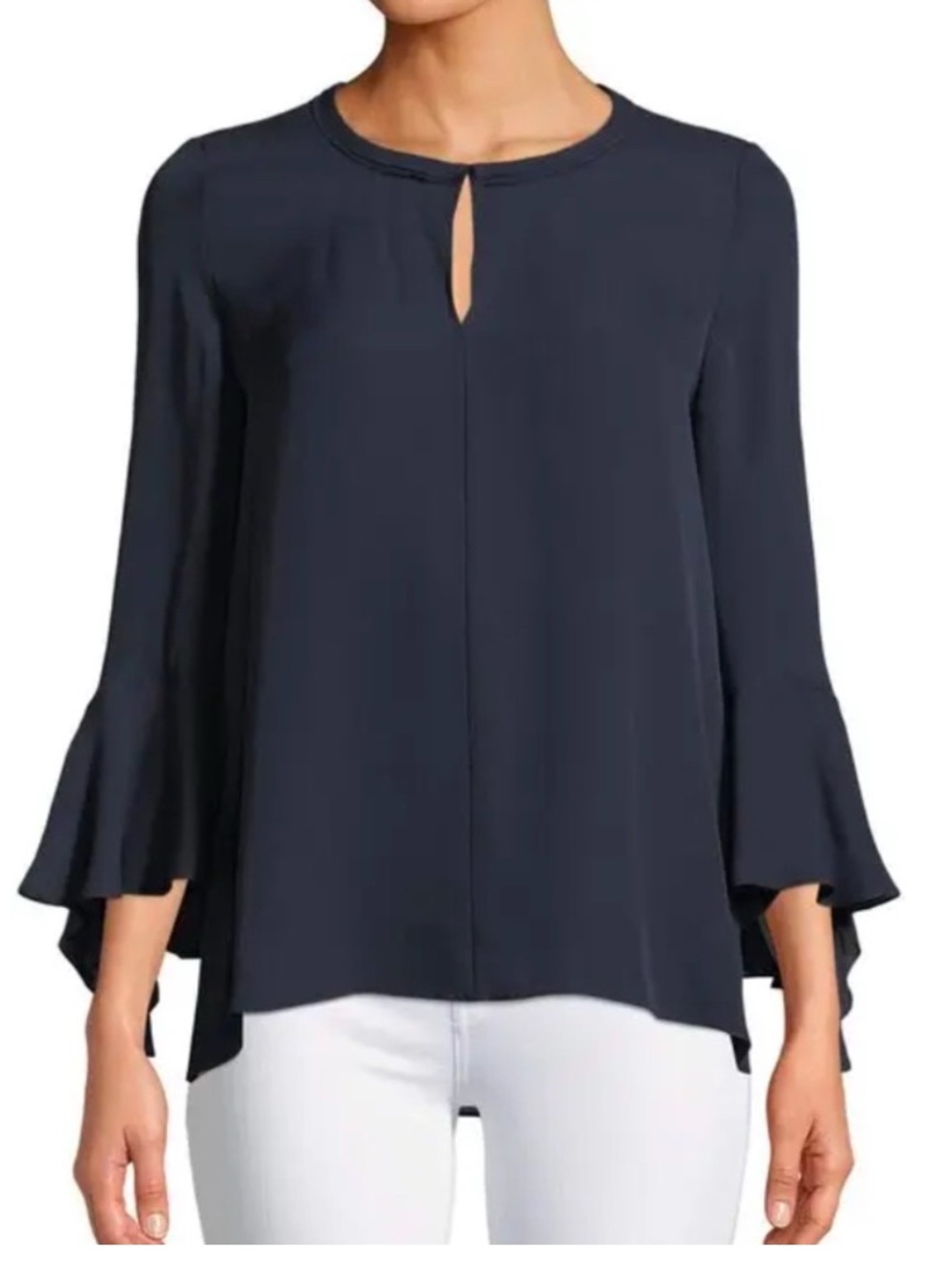 KOBI HALPERIN Navy Silk “Shia” Bell-Sleeve Keyhole Blouse, Size M